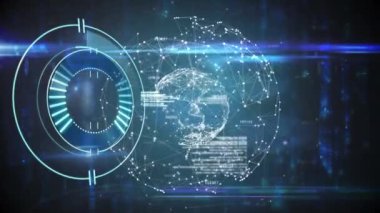 Koyu arkaplanda saatle dijital arayüzün animasyonu. küresel bağlantılar, veri işleme ve dijital arayüz konsepti dijital olarak oluşturulmuş video.