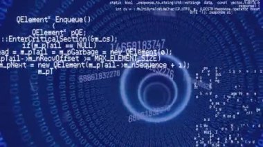 Mavi arkaplanda veri işleme animasyonu. küresel bilim, dijital arayüz ve teknoloji konsepti dijital olarak oluşturulmuş video.