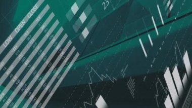 Yeşil arka planda hareket eden finansal grafiklerin animasyonu. Maliye, ekonomi ve teknoloji kavramı dijital olarak oluşturulmuş video.