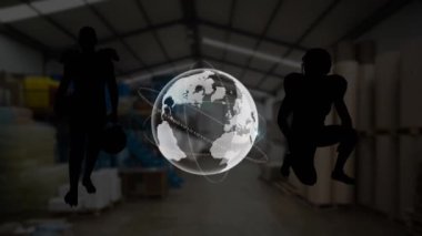 Deponun üzerinde küre ve siluet animasyonu. Finans, iş ve teknoloji kavramı dijital olarak oluşturulmuş video.