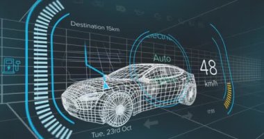 Donanma arka planındaki elektrikli araba projesinde hız göstergesi animasyonu. elektrikli arabalar, eko güç, sürdürülebilirlik ve teknoloji konsepti dijital olarak üretilen video.