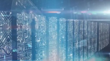 Bilgisayar devre kartından veri işleme animasyonu. küresel teknoloji, bilgisayar ve dijital arayüz kavramı dijital olarak oluşturulmuş video.
