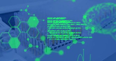 Laboratuvardaki test tüpleri üzerinde veri işleme ve kimyasal formüllerin animasyonu. küresel bilim, teknoloji ve dijital arayüz kavramı dijital olarak oluşturulmuş video.