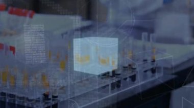 Afro-Amerikan kadın bilim adamı üzerinde veri işleme ve matematiksel denklemlerin animasyonu. küresel bilim, tıp ve dijital arayüz kavramı dijital olarak üretilen video.