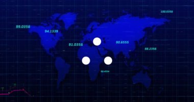 Finansal veri işleme ve dünya haritası üzerinde beyaz noktaların canlandırılması. küresel finansman, teknoloji ve dijital arayüz kavramı dijital olarak oluşturulmuş video.