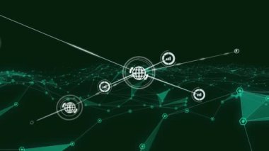 Mavi bağlantıların üzerindeki simgelerle bağlantı ağının animasyonu. küresel bağlantılar, veri işleme ve dijital arayüz konsepti dijital olarak oluşturulmuş video.