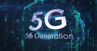 Siyah zemin üzerinde 5G metin ve dijital insan animasyonu. küresel sosyal medya, teknoloji ve dijital arayüz konsepti dijital olarak oluşturulmuş video.