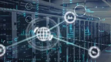 Sunucular üzerindeki simgelerle bağlantı ağının animasyonu. küresel ağ, bağlantılar ve teknoloji konsepti dijital olarak oluşturulmuş video.