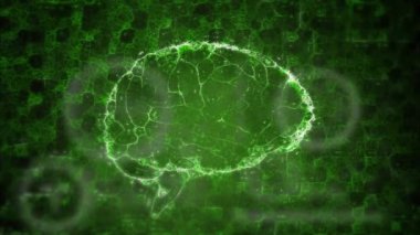 İnsan beyninin dijital animasyonu yeşil arkaplanda fotokopi alanına karşı dönüyor. tıbbi araştırma ve bilim teknolojisi kavramı