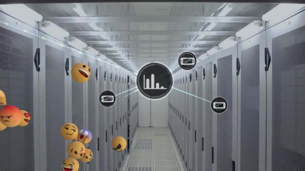 Animazione Icone Emoji Rete Connessioni Attraverso Sala Server Tecnologia Globale — Video Stock
