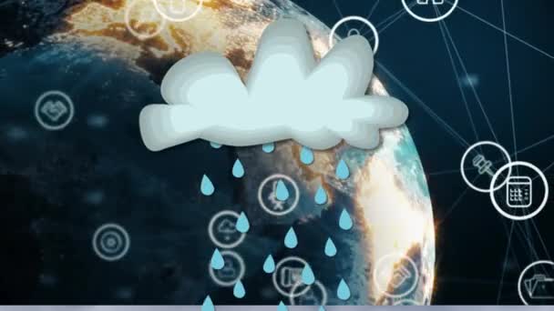云彩的动画与雨的图标和网络的连接遍布全球 全球技术 计算和数字接口概念数字生成视频 — 图库视频影像