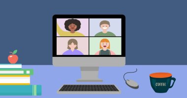 Bilgisayar üzerinde bilgisayar, elma, kahve, klavye ve fare ile video konferansı. Mavi, kopya alanı, teknoloji, çevrimiçi, İnternet, öğrenci, çocukluk, eğitim ve okul kavramı.