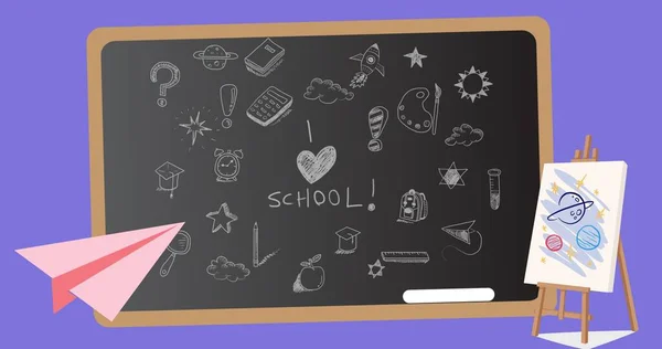 Illustration of writing slate with school text and doodles, paper airplane and canvas with painting. Art, copy space, blue background, vector, education and school concept.