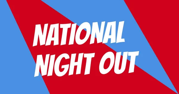 Illustration of national night out text against red and blue patterned background, copy space. Vector, community, police, partnership, crime, awareness and prevention concept.