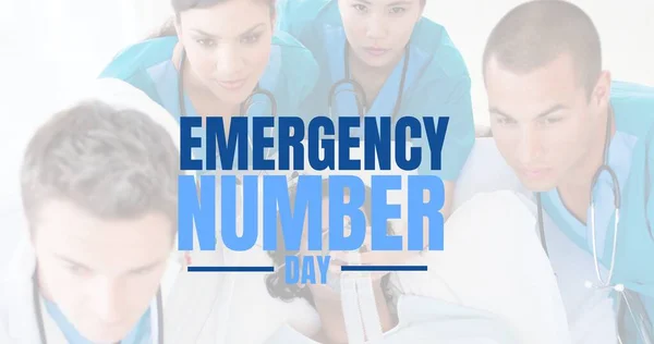 Digital composite image of emergency number day text with multiracial healthcare workers, patient. Medical emergency, emergency assistance, public safety answering point, universal emergency number.