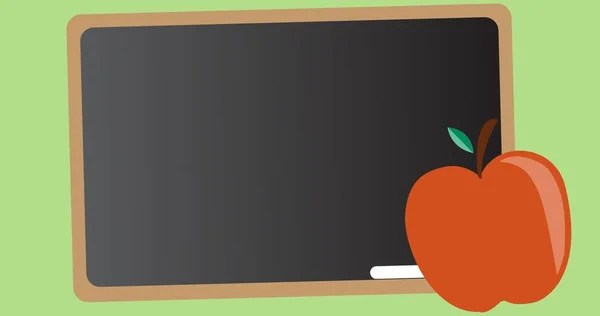 Illustrative image of apple with writing slate and chalk against green background, copy space. Vector, fruit, healthy, school supplies, stationery, education and school concept.