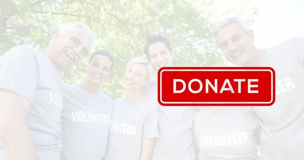 Portrait of cheerful caucasian multigeneration volunteers against trees and red donate sign. Composite, togetherness, international day of charity, support, awareness and celebration concept.