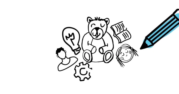 Illustration of pencil and scribbles of teddy bear, boy, girl, book, gear and light bulb, copy space. National doodle day, drawing, art, epilepsy, support, healthcare, fundraising and awareness.