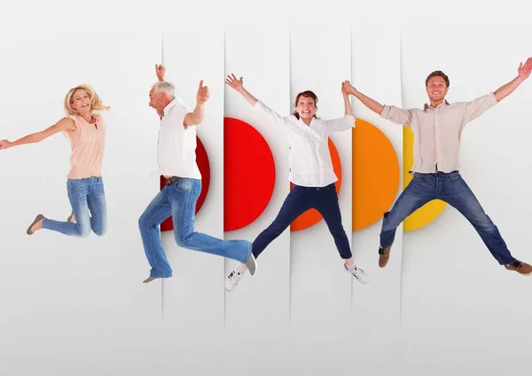Caucasian group of people jumping in the air against colorful round shapes with copy space. people and emotions concept