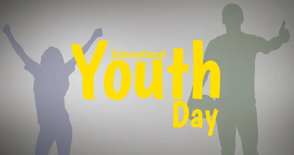 Illustration of woman dancing and man with ball showing thumbs up and international youth day text. Copy space, gray background, sport, enjoyment, celebration, cultural and legal issues awareness.