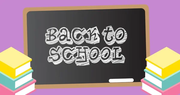 Illustration of writing slate with back to school text and chalk with books on purple background. Copy space, vector, knowledge, school supplies, stationery, education and school concept.