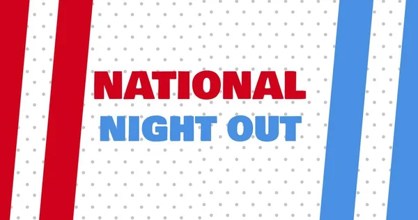 Illustration of national night out text with red, blue stripes and dots on white background. Copy space, vector, community, police, partnership, crime, awareness and prevention concept.