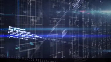 Siyah zemin üzerinde hareket eden sütunların üzerindeki veri işleme ve ışık izlerinin animasyonu. küresel teknoloji, veri işleme ve dijital arayüz kavramı dijital olarak oluşturulmuş video.