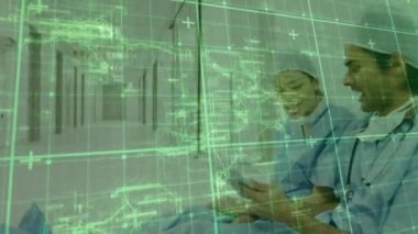 Animation of data processing over diverse male and female surgeons talking. global medicine and digital interface concept digitally generated video.