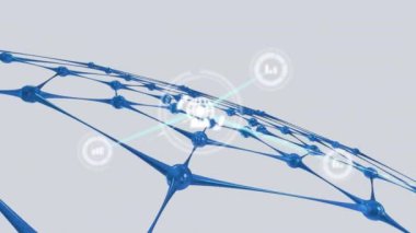 Mavi ağ üzerindeki simgelerle bağlantı ağının animasyonu. küresel bağlantılar, veri işleme ve dijital arayüz konsepti dijital olarak oluşturulmuş video.