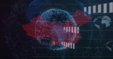 Siyah arkaplanda veri işleme ve küre animasyonu. Sosyal medya ve iletişim arayüzü kavramı dijital olarak oluşturulmuş video.