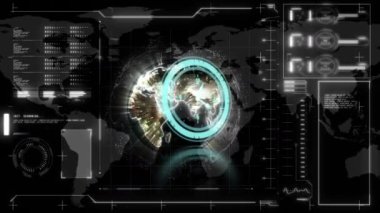 Animation of clock moving fast over globe and data processing on screen. global business and data processing concept digitally generated video.