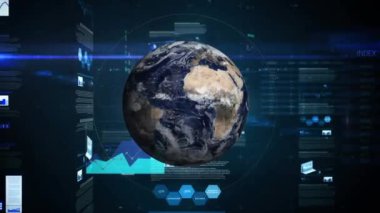 İstatistik ve finansal veri işleme ile dünyanın animasyonu. küresel finans, iş ve veri işleme kavramı dijital olarak oluşturulmuş video.