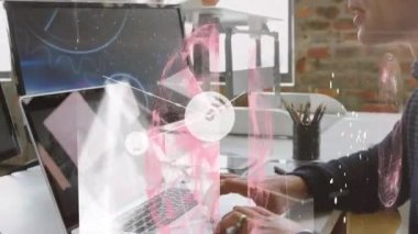 Animation of network of connections with icons over caucasian men using technology. global connections, data processing and digital interface concept digitally generated video.