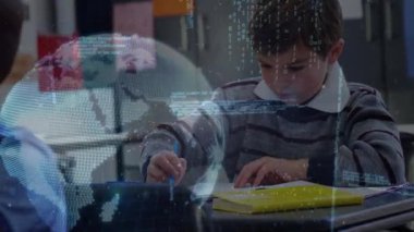 Animation of globe and data processing over caucasian boy learning at school. school, learning and education concept digitally generated video.