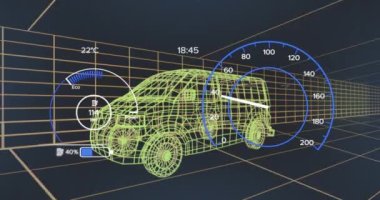 Donanma arka planındaki elektrikli minibüs projesinde hız göstergesi animasyonu. elektrikli arabalar, eko güç, sürdürülebilirlik ve teknoloji konsepti dijital olarak üretilen video.