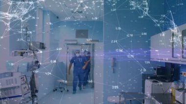 Ameliyathanede iki beyaz cerrah arasındaki bağlantı ağının animasyonu. küresel tıp, covid 19 pandemik konsept sırasında sağlık hizmetleri dijital olarak üretilen video.