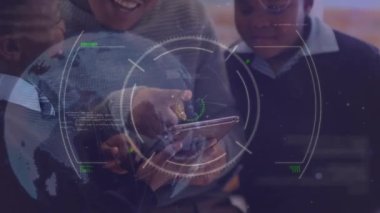 Animation of african american father with sons using tablet over data processing. global business, connections and digital interface concept digitally generated video.