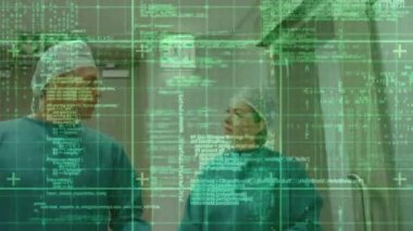 Animation of data processing over caucasian male and female surgeons talking. global medicine and digital interface concept digitally generated video.