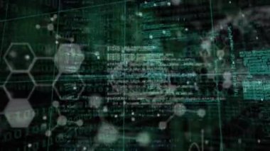 Siyah arkaplanda veri işleme animasyonu. küresel iş ve dijital arayüz kavramı dijital olarak oluşturulmuş video.