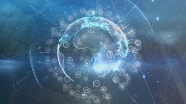 Mavi arkaplandaki dünya ve bağlantıların animasyonu. küresel bağlantılar, finans, ekonomi ve teknoloji konsepti dijital olarak oluşturulmuş video.