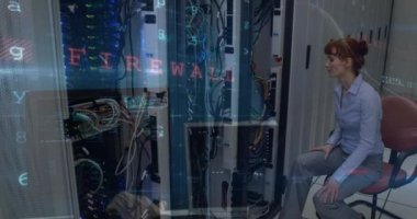 Animation of data processing over computer servers and caucasian female it engineer. global internet security, data processing and digital interface concept digitally generated video.