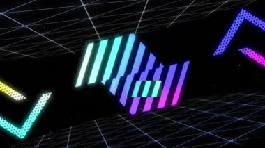 Siyah dijital uzayda hareket eden renkli geometrik şekillerin animasyonu. renk, model ve hareket konsepti dijital olarak oluşturulmuş video.