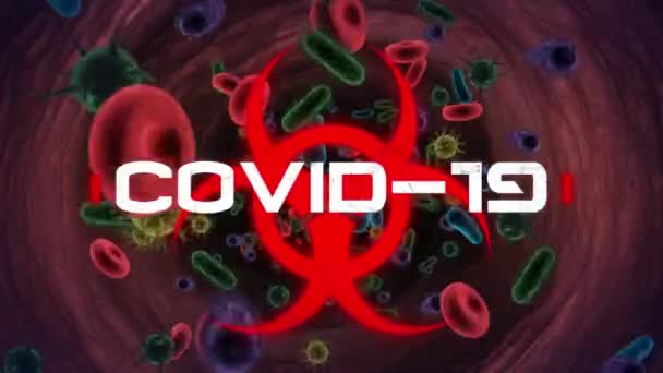 Covid 19細胞および血管が浮遊することに対するバイオハザードシンボルに関するCovid 19テキスト Covid 19コロナウイルスパンデミックの概念 — ストック動画
