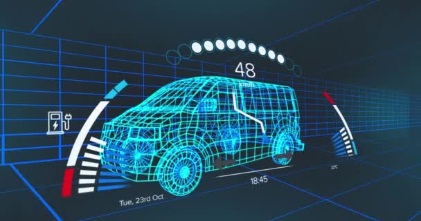 Animasi Speedometer Atas Proyek Van Listrik Pada Latar Belakang Angkatan — Stok Video