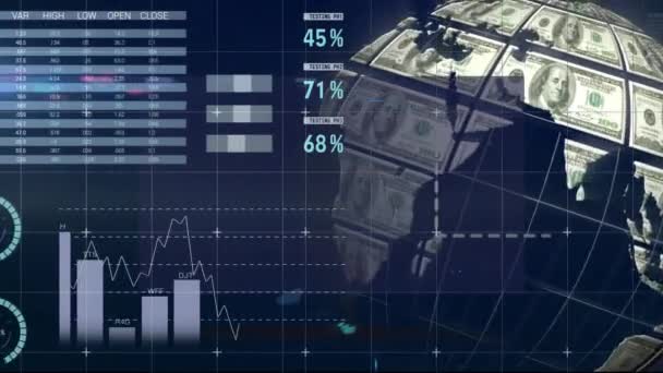 Анімація Глобусу Сформована Рахунок Доларів Сша Статистикою Обробкою Фінансових Даних — стокове відео