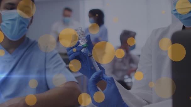 Animation Floating Yellow Dots Caucasian Female Doctor Preparing Vaccine Medicine — Stock Video