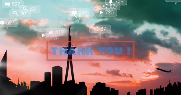 Анимация Текстов Благодарностей Сообщений Сми Над Городом Концепция Социальных Медиа — стоковое видео