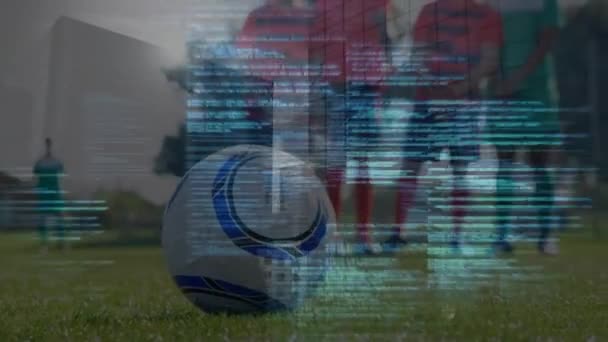 Spor Sahasındaki Farklı Erkek Futbolcuların Bacaklarının Üzerinde Veri Işleme Animasyonu — Stok video