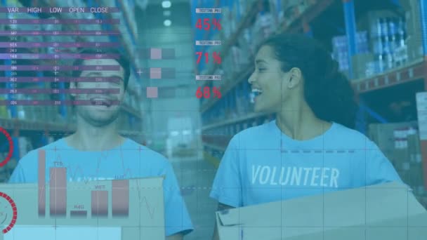 Animation Statistics Financial Data Processing Diverse People Volunteering Warehouse Global — Vídeos de Stock