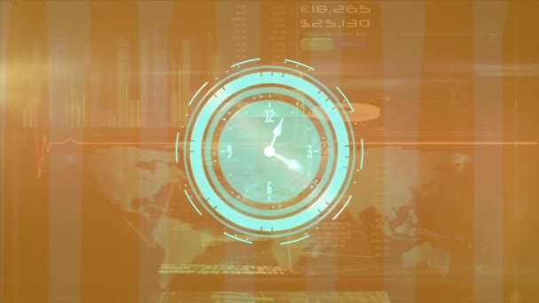 時計の動きに関するデータ処理のアニメーション グローバルビジネス デジタルインターフェースの概念デジタルで生成されたビデオ — ストック動画